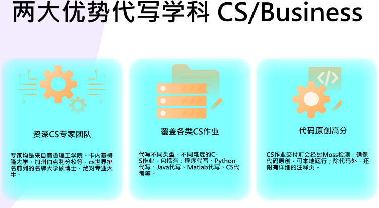 两大优势代写学科 CS/Business 资深CS专家团队 专家均是来自麻省理工学院、卡内基梅隆大学、加州伯克利分校等，cs世界排名前列的名牌大学硕博士，绝对专业大牛。  覆盖各类CS作业 代写不同类型、不同难度的CS作业，包括有：程序代写、Python代写、Java代写、Matlab代写、CS代考等。   CS作业交付前会经过Moss检测，确保代码原创，可本地运行；除代码外，还附有详细的注释页。          代码原创高分