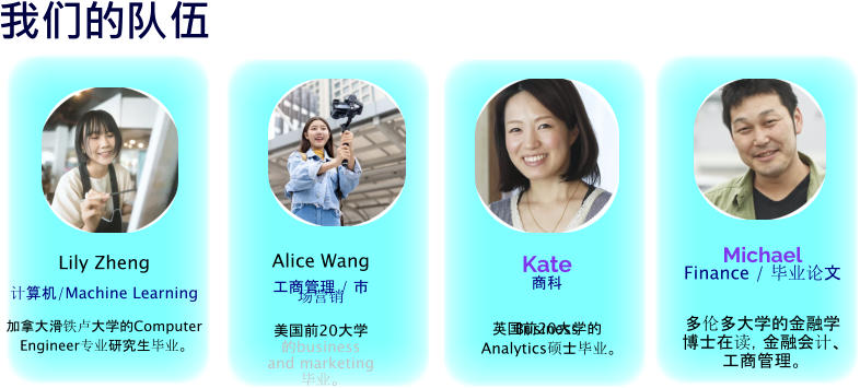 我们的队伍  Kate 商科  英国前20大学的Business  Analytics硕士毕业。      Lily Zheng 计算机/Machine Learning  加拿大滑铁卢大学的Computer  Engineer专业研究生毕业。   Alice Wang 工商管理 / 市场营销  美国前20大学的business and marketing毕业。  Michael Finance / 毕业论文 多伦多大学的金融学博士在读，金融会计、工商管理。